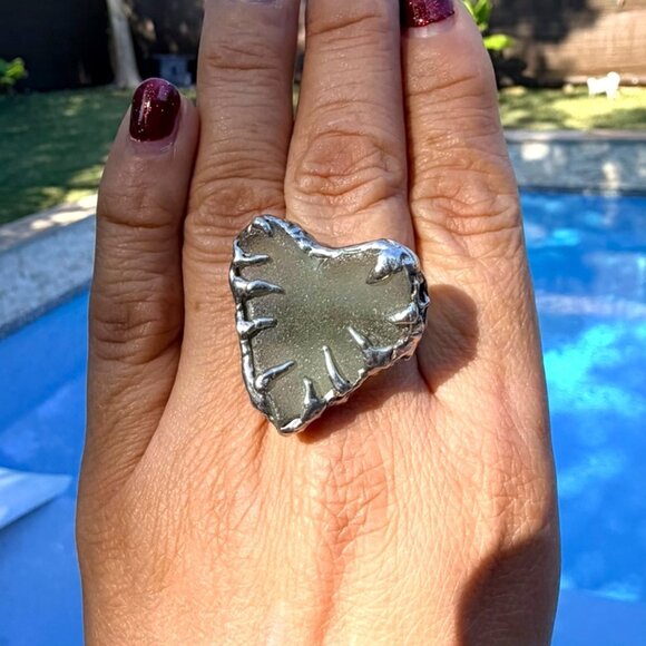 Heart Shaped Sea Glass Ring Artisan Crafted W/ Upcycled Spoon Bowl Band Sz 7.5 - Picture 2 of 14